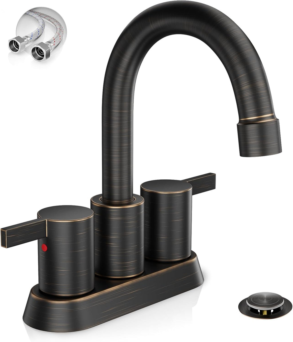 4 Inch 2 Handle Centerset Matte Black Lead-Free Modern Bathroom Faucet, 360 Swivel Spout 2-3 Hole RV Bathroom Vanity Sink Faucet with Pop up Drain and Water Supply Lines,Bf015-1-Mb