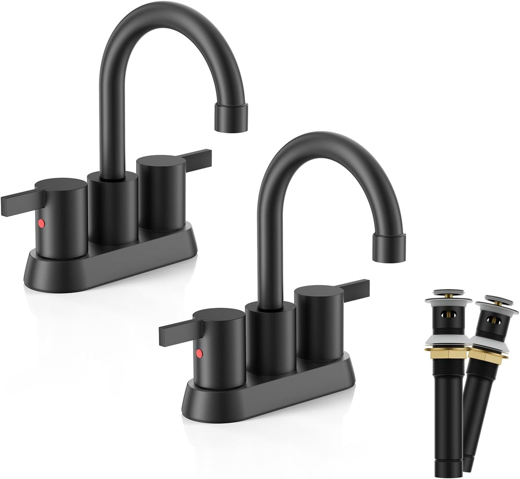 4 Inch 2 Handle Centerset Matte Black Lead-Free Modern Bathroom Faucet, 360 Swivel Spout 2-3 Hole RV Bathroom Vanity Sink Faucet with Pop up Drain and Water Supply Lines,Bf015-1-Mb