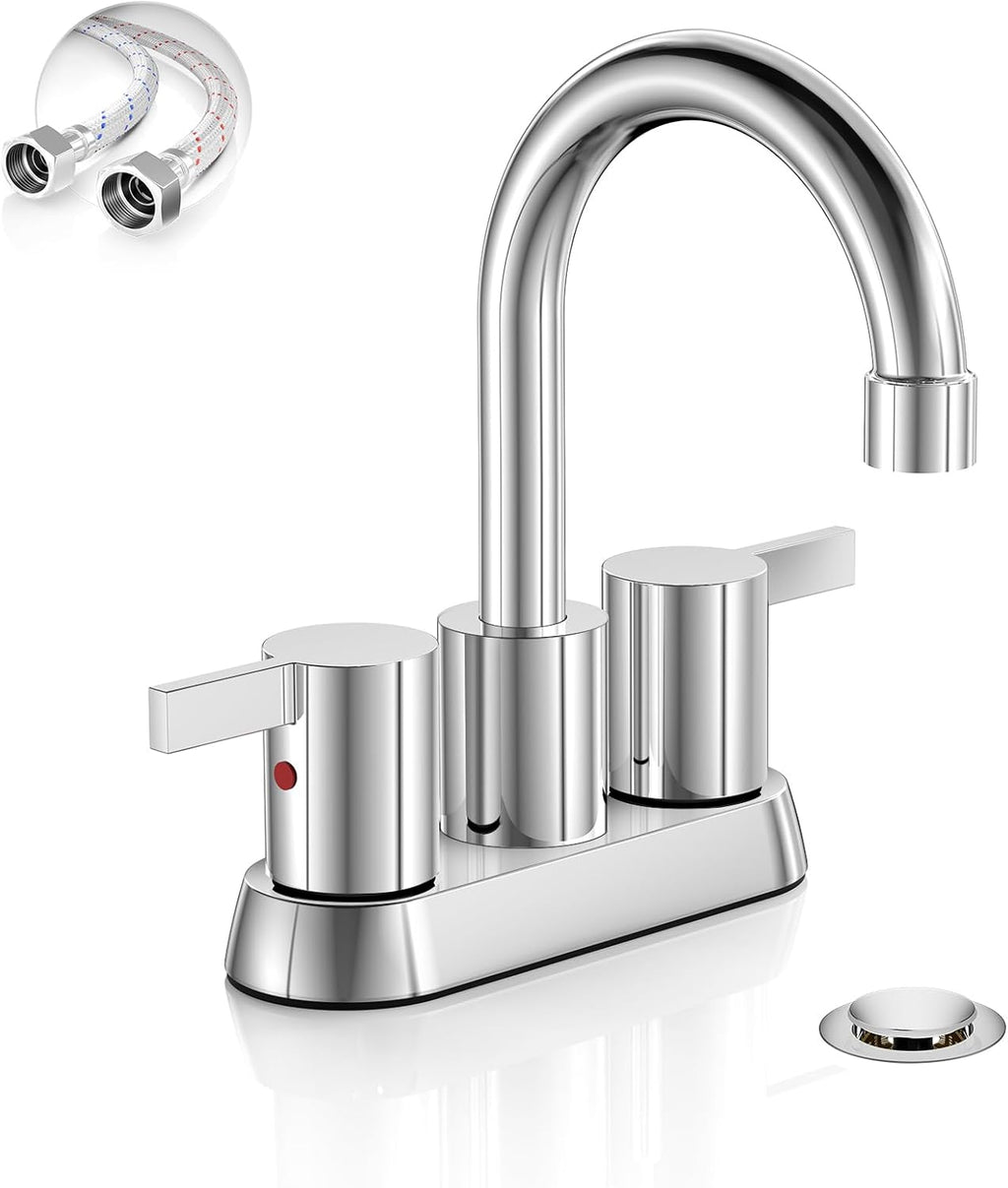 4 Inch 2 Handle Centerset Matte Black Lead-Free Modern Bathroom Faucet, 360 Swivel Spout 2-3 Hole RV Bathroom Vanity Sink Faucet with Pop up Drain and Water Supply Lines,Bf015-1-Mb